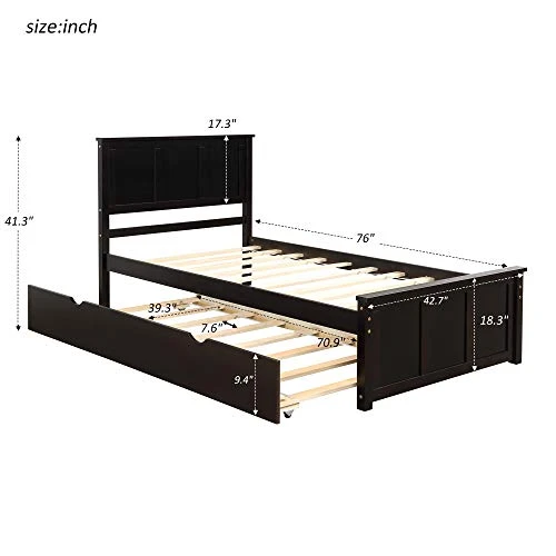 MERITLINE Wood Twin Bed With Trundle,Twin Bed Frames With Headboard, Platform Bed For Guest Room, Boys And Girls, Twin Size, Espresso 2 MERITLINE Wood Twin Bed With Trundle,Twin Bed Frames With Headboard, Platform Bed For Guest Room, Boys And Girls, Twin Size, Espresso - Image 2