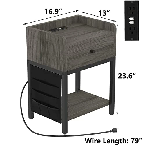 Furniouse End Table With Charging Station,Sofa Side Table With USB Ports And Outlets,Nightstand Sofa Table With Drawer And Side Pocketfor Living Room, Study, Bedroom, Industrial(Gray) 2 Furniouse End Table With Charging Station,Sofa Side Table With USB Ports And Outlets,Nightstand Sofa Table With Drawer And Side Pocketfor Living Room, Study, Bedroom, Industrial(Gray) - Image 2