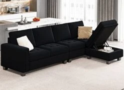 Belffin Velvet Reversible Sectional Sofa With Chasie Convertible Sectional Couch With Storage Ottoman L Shaped 4-seat Sectional Sofa Black -Best Furniture Store 41hACPrvR3L
