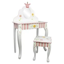 - Princess & Frog Kids Vanity Table And Stool Set , 1 Drawer, Gift For Kids, White Pink, Crown