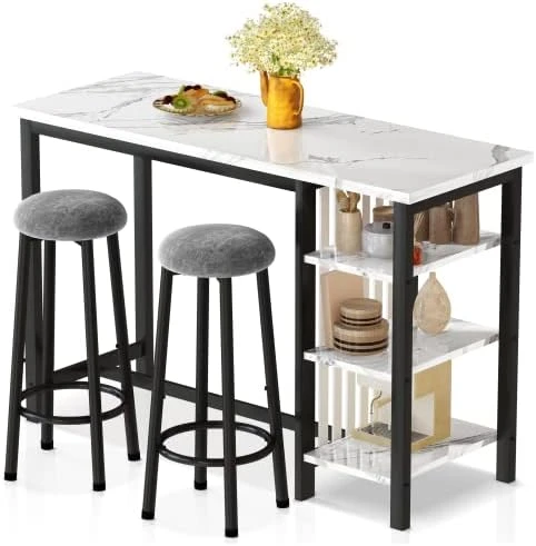 AWQM Bar Table Set With Storage Shelves, 47" White Modern Faux Marble Breakfast Table With 2 Stools, 3-Piece Dining Set For 2, Space Saving Table For Kitchen/Dinning Room/Living Room/Bedroom/Office 9 AWQM Bar Table Set With Storage Shelves, 47" White Modern Faux Marble Breakfast Table With 2 Stools, 3-Piece Dining Set For 2, Space Saving Table For Kitchen/Dinning Room/Living Room/Bedroom/Office - Image 9