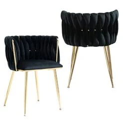 NIOIIKIT Modern Velvet Dining Chairs Set Of 2 Hand Weaving Accent Chairs Living Room Chairs Upholstered Side Chair With Golden Metal Legs For Dining Room Kitchen Vanity Living Room(Black)