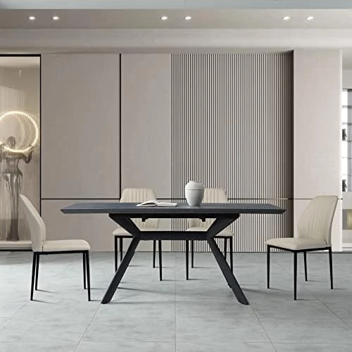 Jiexi Extendable Dining Table Set For 6-8, Rectangular MDF Slate Stone Color Top With 6 Faux Leather Dining, Modern Kitchen Table With Extension Leaf, Extendable 55'' To 71'' For Kitchen Restaurant 14 Jiexi Extendable Dining Table Set For 6-8, Rectangular MDF Slate Stone Color Top With 6 Faux Leather Dining, Modern Kitchen Table With Extension Leaf, Extendable 55'' To 71'' For Kitchen Restaurant - Image 14