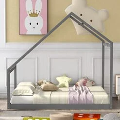Harper&Bright Designs House Bed Full Size For Kids ,Wooden House Floor Bed , Simplistic Kids House Full Bed Frame For Toddlers, Girls, Boys ,Box Spring Needed,Grey