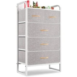 Tall Dresser Storage Chest, Vanity Furniture Cabinet Tower Unit For Bedroom, Office, And Closet, 5 Removable Drawers With Wood Top, Light Grey