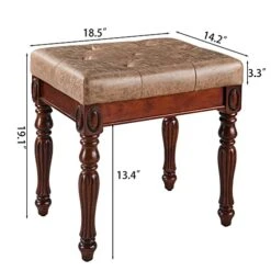 Vanity Bench Stool With Padded Cushion, Piano Bench With Solid Wood Carving Legs, Home Chairs Button Breathing Leather Upholstered Seat, 18.5” X 14.2” X 19.1” Easy Assembly, Yellowish Brown FD1533LT -Best Furniture Store 41iCzlMVeuL