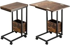 Hadulcet Sofa Side Table, Foldable End Table With Storage Basket, C Shaped Table With Wheels For Living Room Bedroom Small Spaces, Rustic Brown -Best Furniture Store 41iJ0IErf1L. AC