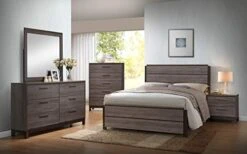 Ville 5 Piece Bedroom Set, Queen, Antique Gray Wood, Modern (Panel Bed, Dresser, Mirror, 2 Nightstands)