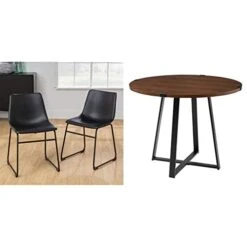 Walker Edison Douglas Urban Industrial Faux Leather Armless Dining Chairs, Set Of 2, Black & Dining Table Dining Room Kitchen Table Set Dining Chairs Set, 40 Inch, Dark Walnut And Black