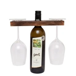 GoCraft Wine Bottle & Glass Holder | Handmade Antique Wood Stand For Wine For Two Glasses & Bottle
