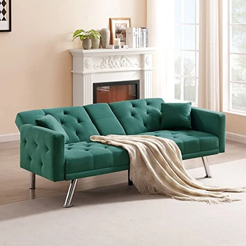 GENERIC Loveseat Linen Convertible Sofa And Daybed Futon Sleeper Bed With Cup Holder Design Green Casual Glam Solid Fabric Manual Recline 2 GENERIC Loveseat Linen Convertible Sofa And Daybed Futon Sleeper Bed With Cup Holder Design Green Casual Glam Solid Fabric Manual Recline - Image 2