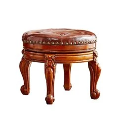 ZIRKOOON Foot Stool Small Round Leather Ottoman Mid Century Foot Rest Cushion For Living Room, Bedroom Solid Oak (Brown)