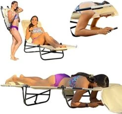 FLIP Face Down Tanning Chaise Lounge Chair - Face & Arm Holes - 2 Legs Support - Polyester Material – Backrest Positions - Head Rest Pillow - Beach Or Home Use - PATENTS Pending - Pink Stripes Pattern -Best Furniture Store 41jBkFxvhfL. AC