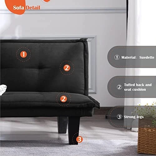 GENERIC Futon Sofa Bed 63.8 Inch Convertible Folding Sleeper Modern Fold Up And Down Recliner Couch Black Solid Mid-Century Fabric Manual Recline 2 GENERIC Futon Sofa Bed 63.8 Inch Convertible Folding Sleeper Modern Fold Up And Down Recliner Couch Black Solid Mid-Century Fabric Manual Recline - Image 2