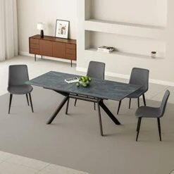 Jiexi Extendable Dining Table Set For 6-8, Rectangular MDF Slate Stone Color Top With 6 Faux Leather Dining, Modern Kitchen Table With Extension Leaf, Extendable 55'' To 71'' For Kitchen Restaurant 23 Jiexi Extendable Dining Table Set For 6-8, Rectangular MDF Slate Stone Color Top With 6 Faux Leather Dining, Modern Kitchen Table With Extension Leaf, Extendable 55'' To 71'' For Kitchen Restaurant -Best Furniture Store 41jPN0GjlzL. AC