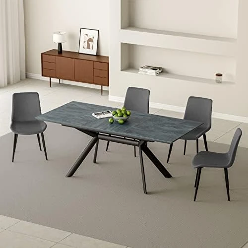 Jiexi Extendable Dining Table Set For 6-8, Rectangular MDF Slate Stone Color Top With 6 Faux Leather Dining, Modern Kitchen Table With Extension Leaf, Extendable 55'' To 71'' For Kitchen Restaurant 9 Jiexi Extendable Dining Table Set For 6-8, Rectangular MDF Slate Stone Color Top With 6 Faux Leather Dining, Modern Kitchen Table With Extension Leaf, Extendable 55'' To 71'' For Kitchen Restaurant - Image 9