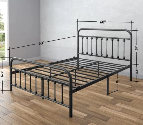 Vintage Queen Metal Bed Frame With Headboard And Footboard Platform/Wrought Iron/Heavy Duty/Solid Metal Slat/Textured Black/No Box Spring Needed/Industrial & Farmhouse 3 Vintage Queen Metal Bed Frame With Headboard And Footboard Platform/Wrought Iron/Heavy Duty/Solid Metal Slat/Textured Black/No Box Spring Needed/Industrial & Farmhouse - Image 3