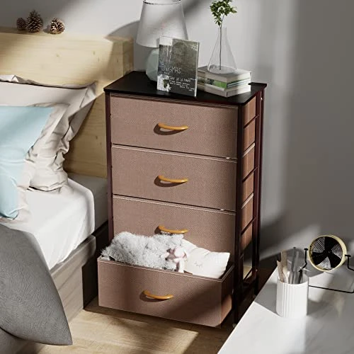 Fabric Dresser For Bedroom, Vertical Dresser Storage Tower, Steel Frame, Wood Top, Easy Pull Textured Fabric Bins, Organizer Unit For Bedroom, Hallway, Entryway, Closets, 4 Drawers, Coffee 2 Fabric Dresser For Bedroom, Vertical Dresser Storage Tower, Steel Frame, Wood Top, Easy Pull Textured Fabric Bins, Organizer Unit For Bedroom, Hallway, Entryway, Closets, 4 Drawers, Coffee - Image 2