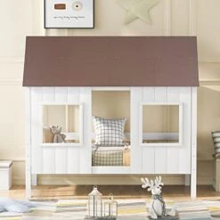 MERITLINE Twin Size House Bed With Roof, Low Loft Bed With Two Front Windows, Playhouse Bed Frame For Kids, Teens, Boys & Girls (White&Brown) -Best Furniture Store 41juYJkt0cL