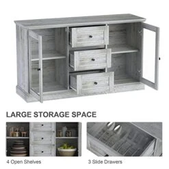 Furduzz Kitchen Sideboard 52” Buffet Cabinet With Glass Doors, 3 Drawers And Display Shelves,Wooden Coffee Bar Cupboard Server Console Table Floor Cabinet For Home Dining Room Living Room Storage,Gray 13 Furduzz Kitchen Sideboard 52” Buffet Cabinet With Glass Doors, 3 Drawers And Display Shelves,Wooden Coffee Bar Cupboard Server Console Table Floor Cabinet For Home Dining Room Living Room Storage,Gray -Best Furniture Store 41jyeedRdFL