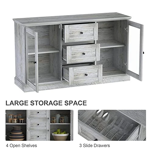Furduzz Kitchen Sideboard 52” Buffet Cabinet With Glass Doors, 3 Drawers And Display Shelves,Wooden Coffee Bar Cupboard Server Console Table Floor Cabinet For Home Dining Room Living Room Storage,Gray 5 Furduzz Kitchen Sideboard 52” Buffet Cabinet With Glass Doors, 3 Drawers And Display Shelves,Wooden Coffee Bar Cupboard Server Console Table Floor Cabinet For Home Dining Room Living Room Storage,Gray - Image 5