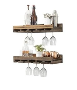 Del Hutson Designs Rustic Luxe 24 Inch Farmhouse Solid Pine Wood Wall Mount Wine Bottle Stemware Rack Display Shelf, Set Of 2, Dark Walnut