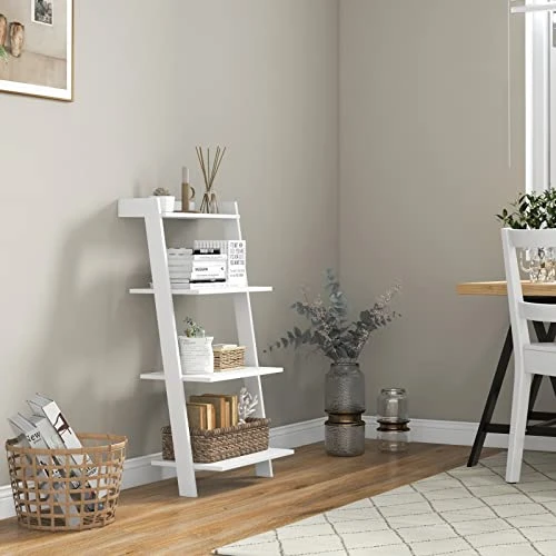 Tangkula 4 Tier Ladder Shelf, Leaning Bookshelf With Solid Wooden Frame, Anti-toppling Device, Anti-falling Baffle, Organizer Shelf, Open Shelving Unit For Home Office, 19.5 X 17.5 X 43 Inches (White) 4 Tangkula 4 Tier Ladder Shelf, Leaning Bookshelf With Solid Wooden Frame, Anti-toppling Device, Anti-falling Baffle, Organizer Shelf, Open Shelving Unit For Home Office, 19.5 X 17.5 X 43 Inches (White) - Image 4