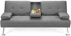 Giantex Modern Convertible Futon Sofa Bed, Linen Upholstered Futon Sofa Sleeper W/Metal Leg, Removable Armrests, 2 Cup Holders, Backrest Adjustable, Folding Futon Sofa Bed For Apartment (Dark Gray) -Best Furniture Store 41kv9IeP7GL. AC