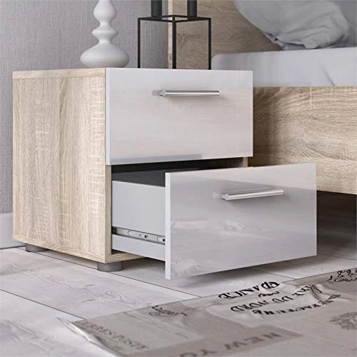 Contemporary 3 Piece Bedroom Set With Two Nightstands And 8 Drawer Double Dresser In Oak And White Gloss 3 Contemporary 3 Piece Bedroom Set With Two Nightstands And 8 Drawer Double Dresser In Oak And White Gloss - Image 3
