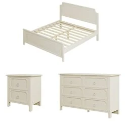 3-Piece Bedroom Sets King Size Platform Bed Frame With Headboard, Nightstand And 6-Drawer Dresser, Solid Rubber Wood King Bedroom Set For Kids Teens Adults, Milky White -Best Furniture Store 41l1seLmBvL