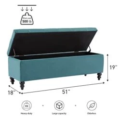 HUIMO Button-Tufted Ottoman With Storage In Upholstered Fabrics, Large Storage Bench For Bedroom, Living Room, Entryway, Storage Ottoman Bench With Safety Hinge Hold Up To 300lbs(Dark Teal)