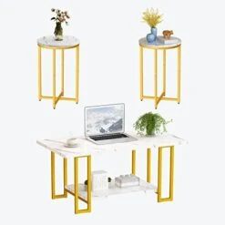 AWQM Nesting Coffee Table Set Of 2, Round End Table Modern Stacking Side Table With Faux Marble Top And Metal Frame For Living Room, Bedroom And Balcony, White -Best Furniture Store 41lBwsbRWoL. AC