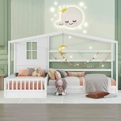 House Bed Double Twin Beds, Wood L-Shaped 2 Twin Platform Beds With Storage Drawers,Montessori Bed With Roof ,Fence And Slatted Design, Corner Playhouse Bed Frame For Kids Girls Boys ,White -Best Furniture Store 41lSCan8oL. AC