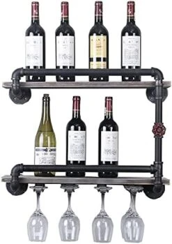 TANGGU Industrial Wine Racks Wall Mounted With 7 Stem Glass Holder,2-Tiers Rustic Metal Hanging Wine Holder,36in Wall Mount Bottle Holder,Pipe Shelves Kitchen/Living Room/Home Wood Wine Shelf -Best Furniture Store 41lU6NBwHPL. AC