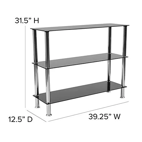 Flash Furniture Riverside Collection 3 Shelf 31.5"H Glass Storage Display Unit Bookcase With Stainless Steel Frame In Black 2 Flash Furniture Riverside Collection 3 Shelf 31.5"H Glass Storage Display Unit Bookcase With Stainless Steel Frame In Black - Image 2