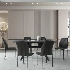 Jiexi Extendable Dining Table Set For 6-8, Rectangular MDF Slate Stone Color Top With 6 Faux Leather Dining, Modern Kitchen Table With Extension Leaf, Extendable 55'' To 71'' For Kitchen Restaurant 22 Jiexi Extendable Dining Table Set For 6-8, Rectangular MDF Slate Stone Color Top With 6 Faux Leather Dining, Modern Kitchen Table With Extension Leaf, Extendable 55'' To 71'' For Kitchen Restaurant -Best Furniture Store 41lcOX63orL. AC