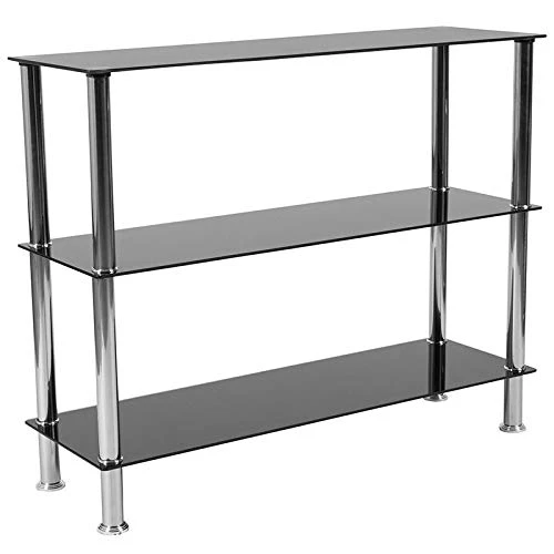 Flash Furniture Riverside Collection 3 Shelf 31.5"H Glass Storage Display Unit Bookcase With Stainless Steel Frame In Black 1 Flash Furniture Riverside Collection 3 Shelf 31.5"H Glass Storage Display Unit Bookcase With Stainless Steel Frame In Black