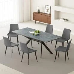 Jiexi Extendable Dining Table Set For 6-8, Rectangular MDF Slate Stone Color Top With 6 Faux Leather Dining, Modern Kitchen Table With Extension Leaf, Extendable 55'' To 71'' For Kitchen Restaurant 27 Jiexi Extendable Dining Table Set For 6-8, Rectangular MDF Slate Stone Color Top With 6 Faux Leather Dining, Modern Kitchen Table With Extension Leaf, Extendable 55'' To 71'' For Kitchen Restaurant -Best Furniture Store 41lgS7C37oL. AC