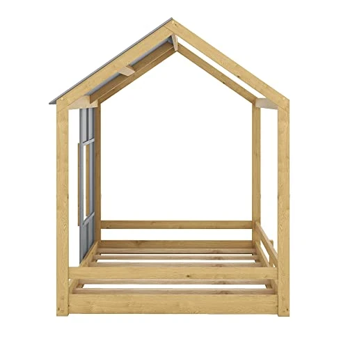 HZSSDTKJ Twin Size Low Wood House Bed With Roof And Window,Wooden Floor Platform Bed Frame With Wood Slats Support,Playhouse Design For Kids Girls Boys Teens Bedroom Furniture (Gray+Natural, Twin) 6 HZSSDTKJ Twin Size Low Wood House Bed With Roof And Window,Wooden Floor Platform Bed Frame With Wood Slats Support,Playhouse Design For Kids Girls Boys Teens Bedroom Furniture (Gray+Natural, Twin) - Image 6