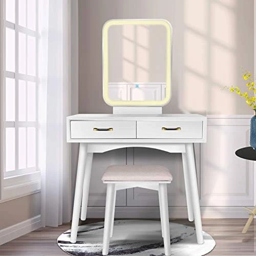 Anity Table Set With Lighted LED Touch Screen Dimming Mirror,Makeup Dressing Table With 2 Sliding Drawers, 1 Cushioned Stool For Bedroom, Bathroom (White) 5 Anity Table Set With Lighted LED Touch Screen Dimming Mirror,Makeup Dressing Table With 2 Sliding Drawers, 1 Cushioned Stool For Bedroom, Bathroom (White) - Image 5
