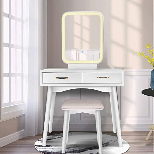 Anity Table Set With Lighted LED Touch Screen Dimming Mirror,Makeup Dressing Table With 2 Sliding Drawers, 1 Cushioned Stool For Bedroom, Bathroom (White) 1 Anity Table Set With Lighted LED Touch Screen Dimming Mirror,Makeup Dressing Table With 2 Sliding Drawers, 1 Cushioned Stool For Bedroom, Bathroom (White)