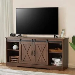 AMERLIFE Fireplace TV Stand Sliding Barn Door Wood Entertainment Center With A 23'' Electric Fireplace Insert, Modern Farmhouse Storage Cabinet Console For TVs Up To 65", Distressed White & Barnwood -Best Furniture Store 41mntckwcSL. AC