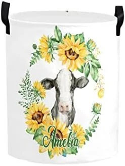 Personalized Laundry Basket Hamper,Cow Sunflower Wreath,Collapsible Storage Baskets With Handles For Kids Room,Clothes, Nursery Decor -Best Furniture Store 41msGc 6m6L. AC