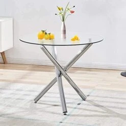 Modern Round Dining Table With Clear Tempered Glass Top, 3 Chrome Legs Kitchen Table For 2 Or 4 Person,Round Dining Table Furniture For Home Office Kitchen Dining Room(W 35.4 X L 35.4 X H 29.5 Inch) 12 Modern Round Dining Table With Clear Tempered Glass Top, 3 Chrome Legs Kitchen Table For 2 Or 4 Person,Round Dining Table Furniture For Home Office Kitchen Dining Room(W 35.4 X L 35.4 X H 29.5 Inch) -Best Furniture Store 41nKYTiwXUL. AC