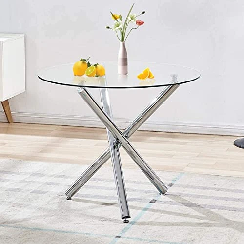Modern Round Dining Table With Clear Tempered Glass Top, 3 Chrome Legs Kitchen Table For 2 Or 4 Person,Round Dining Table Furniture For Home Office Kitchen Dining Room(W 35.4 X L 35.4 X H 29.5 Inch) 1 Modern Round Dining Table With Clear Tempered Glass Top, 3 Chrome Legs Kitchen Table For 2 Or 4 Person,Round Dining Table Furniture For Home Office Kitchen Dining Room(W 35.4 X L 35.4 X H 29.5 Inch)