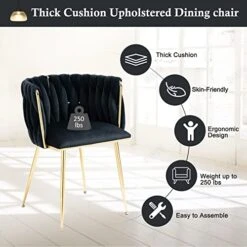 NIOIIKIT Modern Velvet Dining Chairs Set Of 2 Hand Weaving Accent Chairs Living Room Chairs Upholstered Side Chair With Golden Metal Legs For Dining Room Kitchen Vanity Living Room(Black) -Best Furniture Store 41nVkvNqhcL