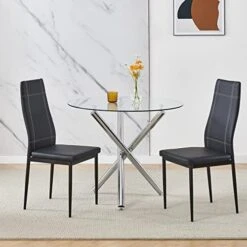 BELIFEGLORY Dining Table With Chairs Set, 5PCS Round Glass Table Set Modern Tempered Glass Top Table With 4 Velvet Chairs Dining Room Furniture -Best Furniture Store 41oElLVIZ L. AC