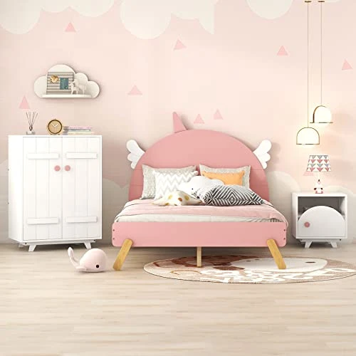 Harper & Bright Designs 3 Pieces Bedroom Sets,Bedroom Furniture Set With Full Size Platform Bed,Nightstand And Wardrobe For Kids Boys Girls(Pink+White) 3 Harper & Bright Designs 3 Pieces Bedroom Sets,Bedroom Furniture Set With Full Size Platform Bed,Nightstand And Wardrobe For Kids Boys Girls(Pink+White) - Image 3