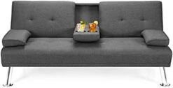 Giantex Modern Convertible Futon Sofa Bed, Linen Upholstered Futon Sofa Sleeper W/Metal Leg, Removable Armrests, 2 Cup Holders, Backrest Adjustable, Folding Futon Sofa Bed For Apartment (Dark Gray) -Best Furniture Store 41oaW7mldVL. AC