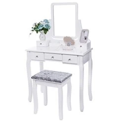 Anity Set With Mirror & Cushioned Stool Dressing Table Vanity Makeup Table 5 Drawers 2 Dividers Movable Organizers White FST01W